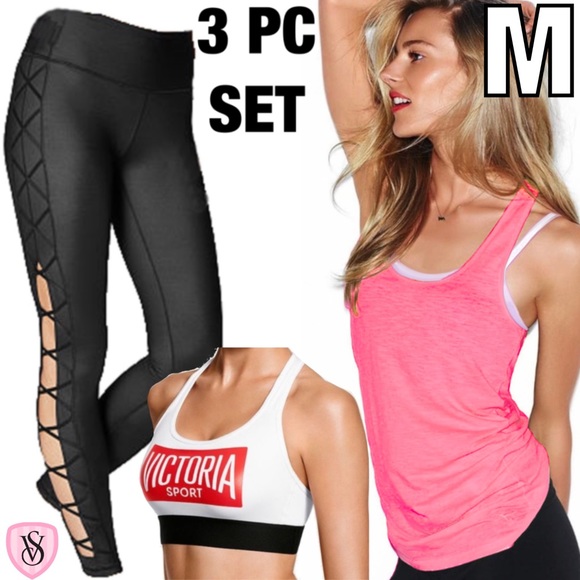 3 PC Victoria’s Secret Set Knockout Leggings + Player Sports Bra + Tank MEDIUM - Picture 1 of 13